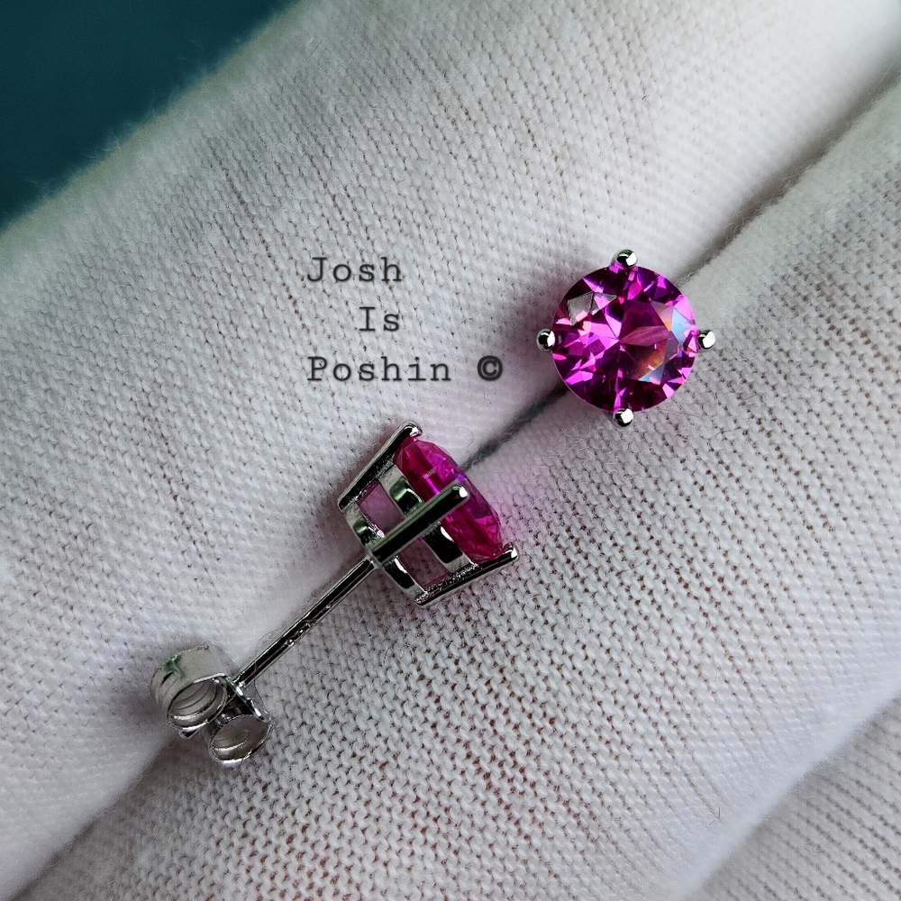 2CTW Hot Pink Sapphire Stud Earrings In Sterling Silver - Picture 6 of 9